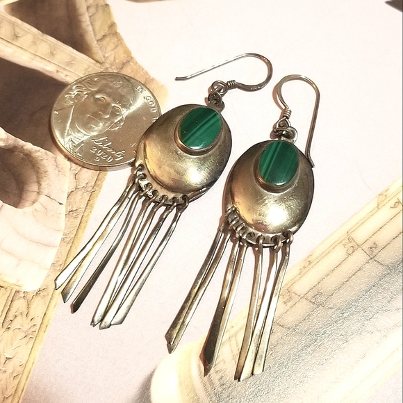 VTG Bohemian Malachite Sterling Silver Dangle Earrings - Picture 5 of 5